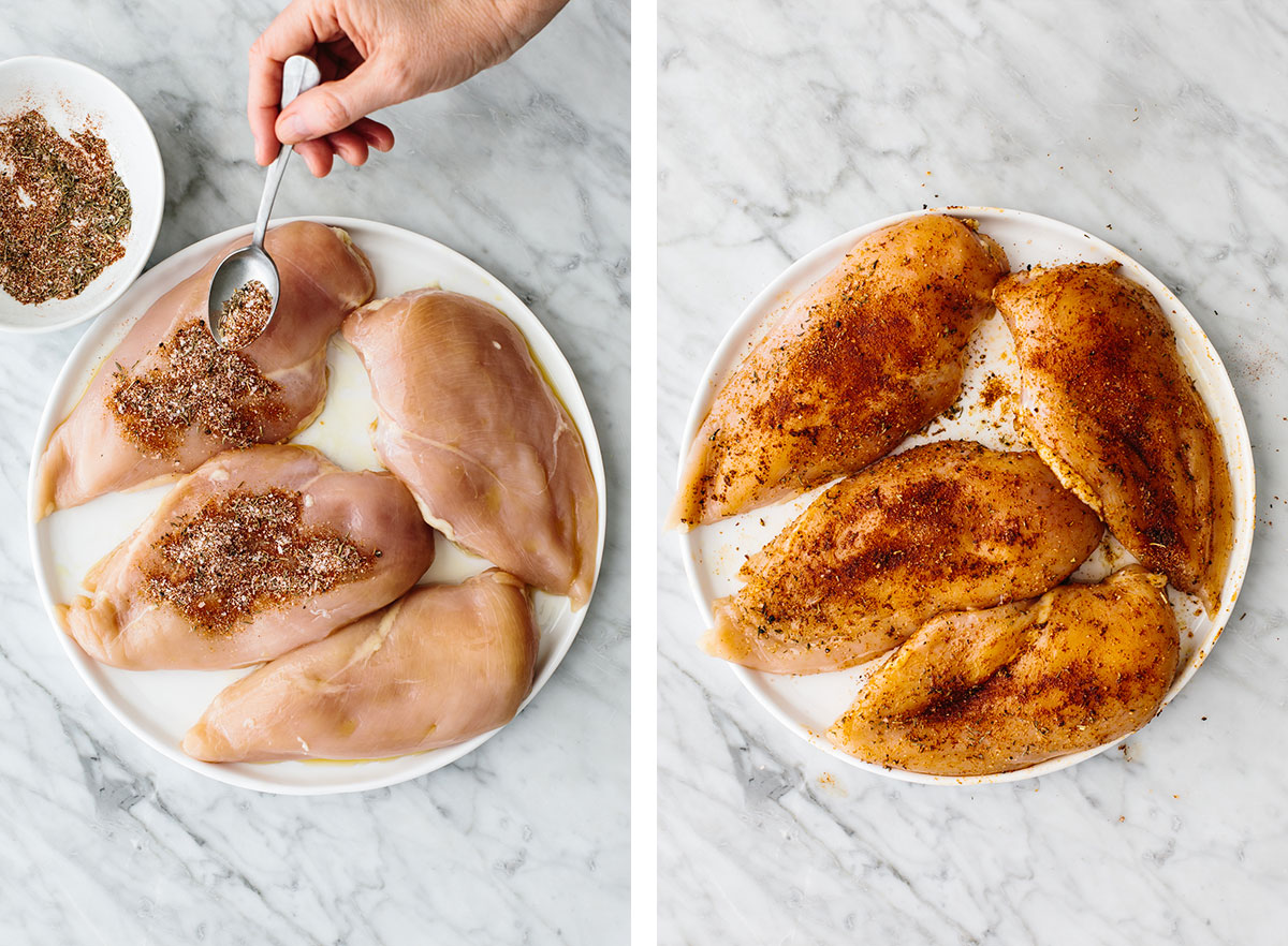 Coating chicken breasts with seasoning for baked chicken breasts.
