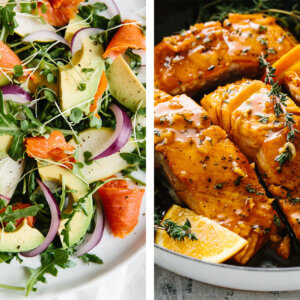 Best salmon recipes with seared salmon and salmon salad.