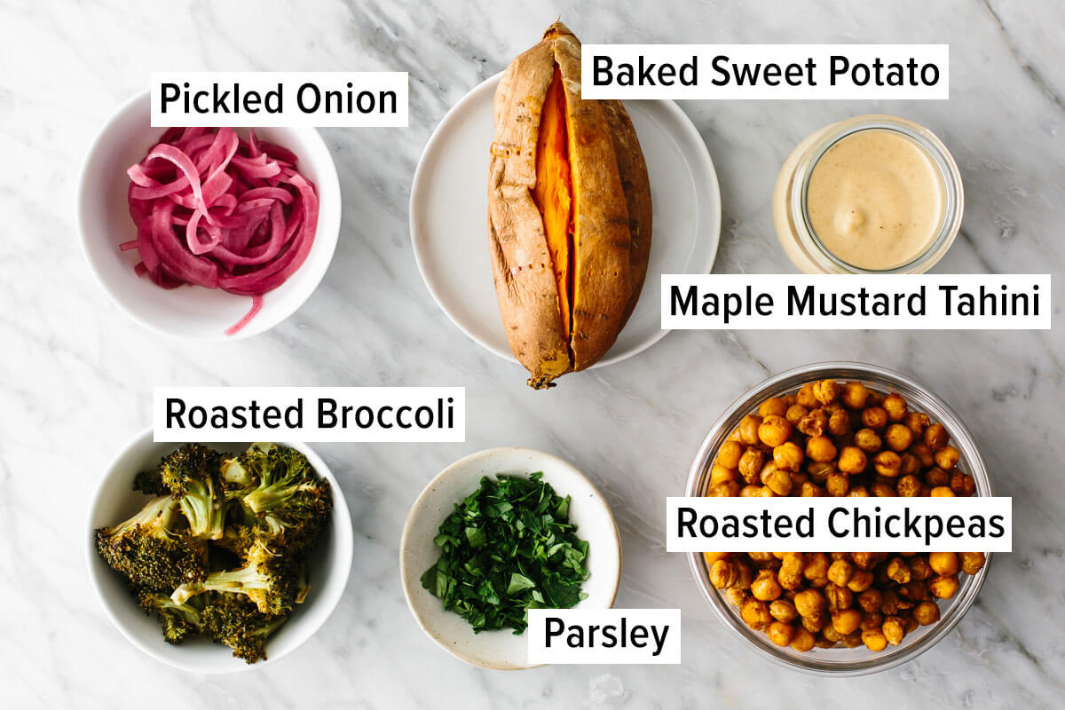 Ingredients for chickpea stuffed sweet potatoes in a budget meal prep