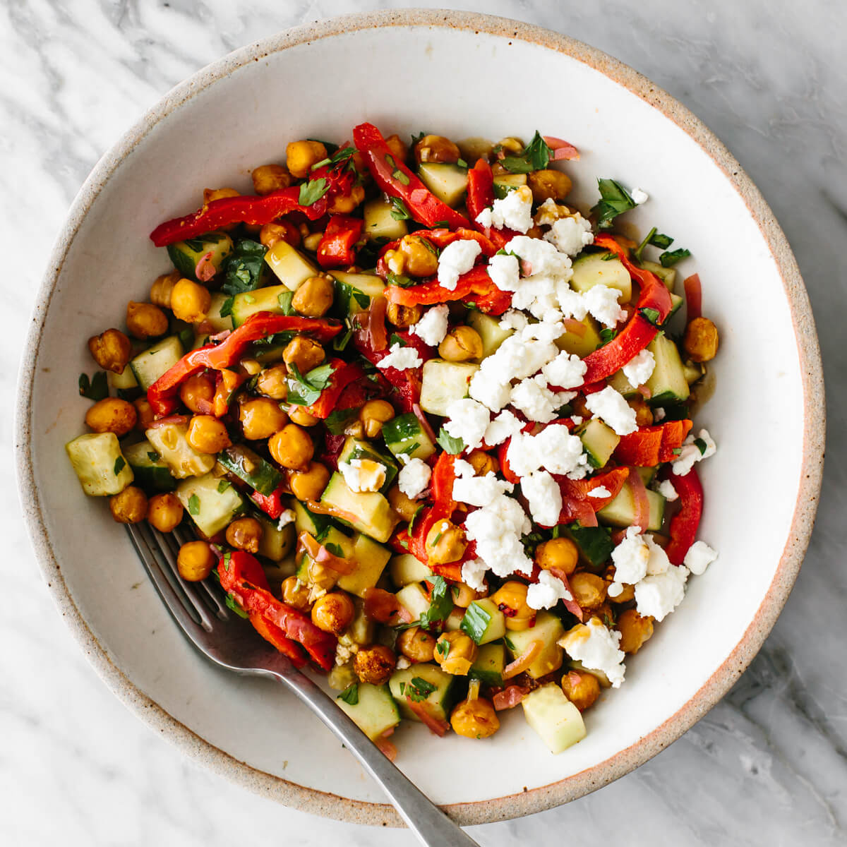 Chickpea salad in a bowl for budget meal prep