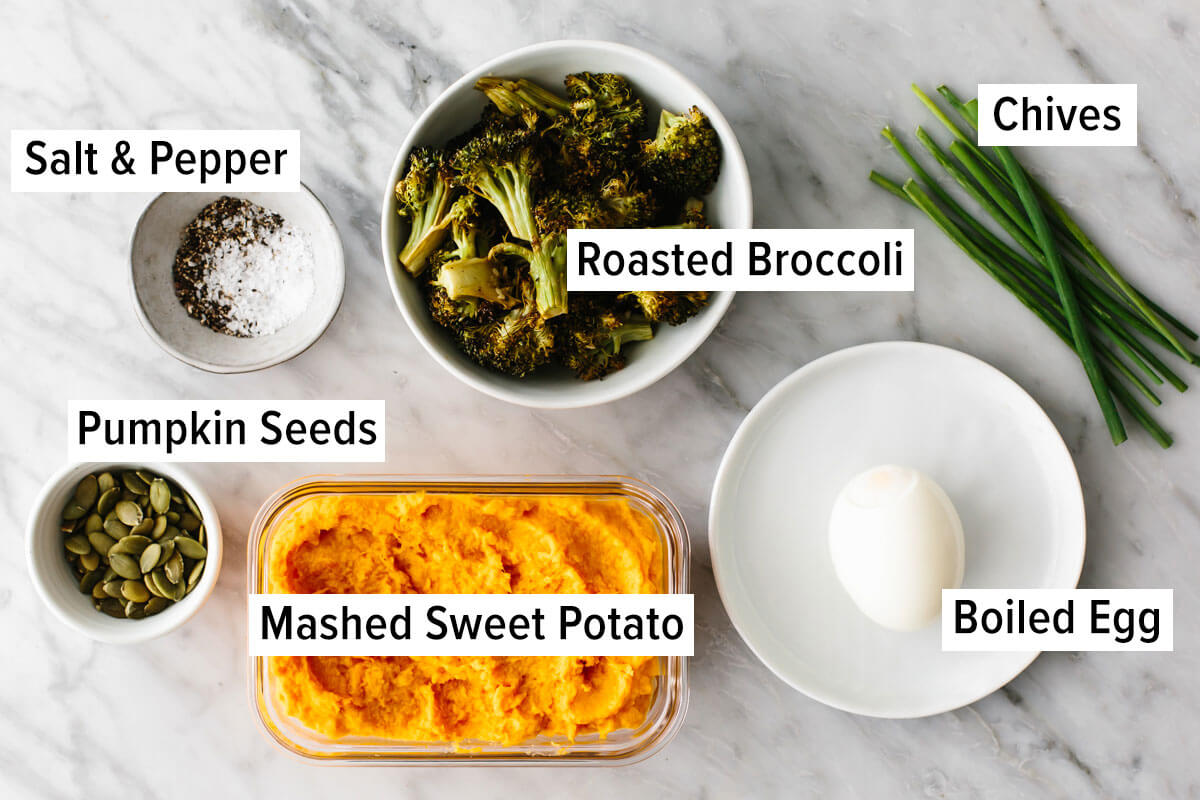 Ingredients for smashed sweet potato bowl for budget meal prep
