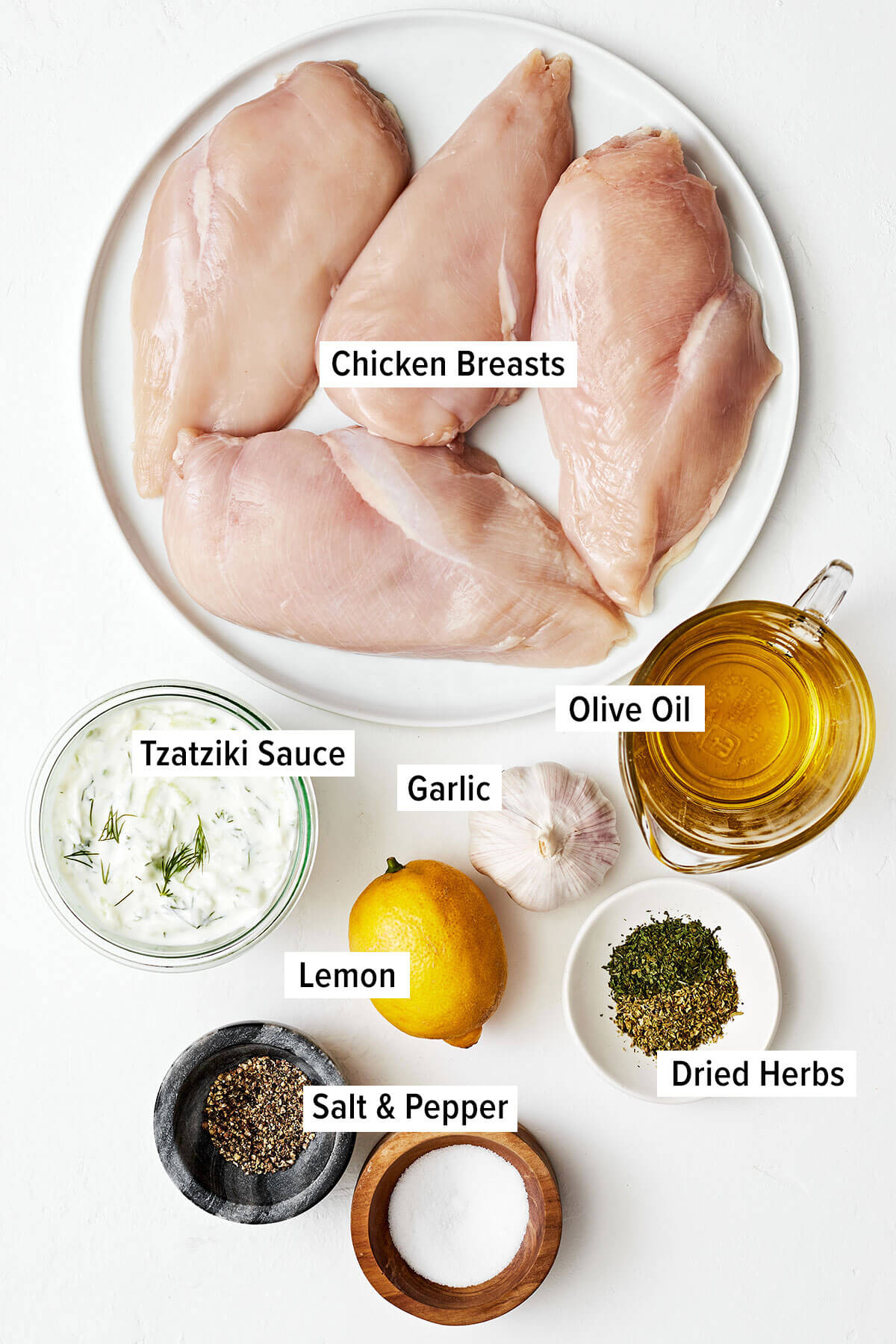 Ingredients for chicken souvlaki on a table