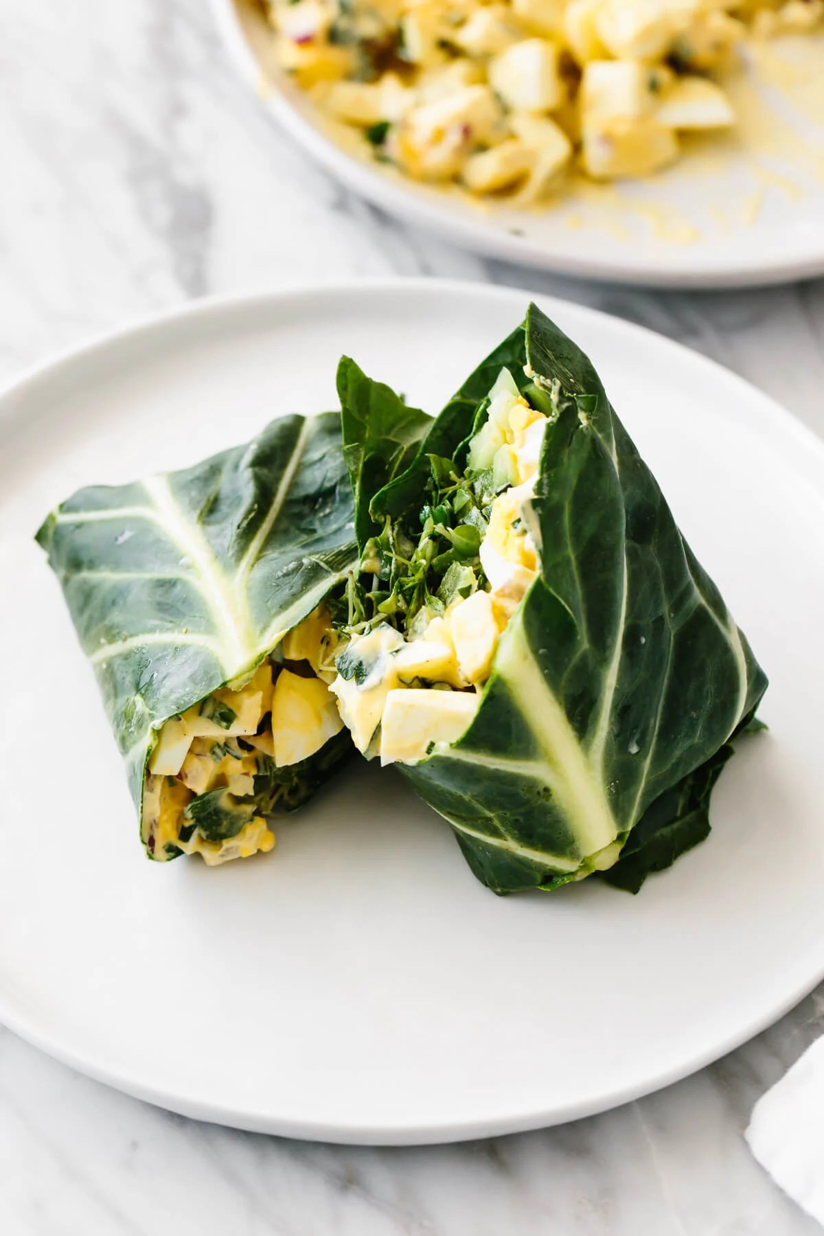 Egg salad wrapped in collard greens