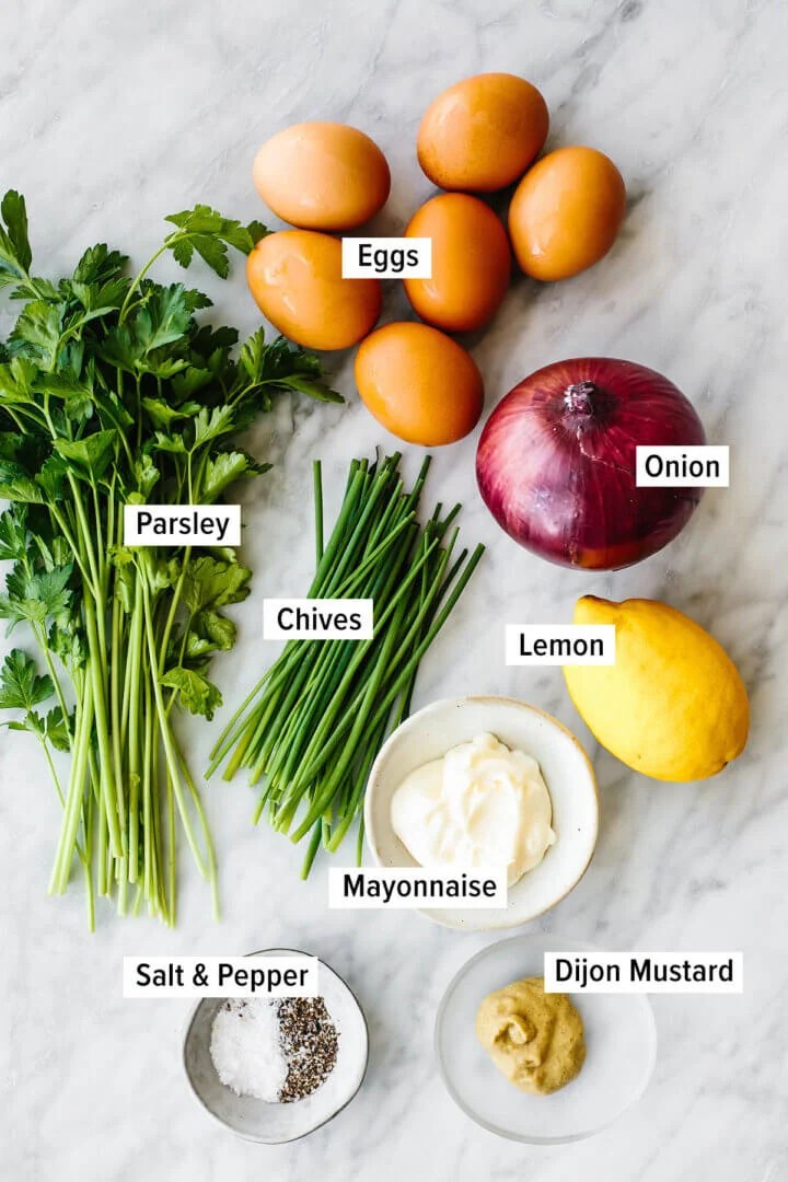 Ingredients for egg salad on a table