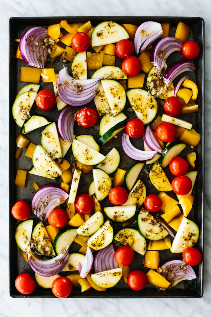 Vegetables on a sheet pan for Greek