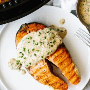 Best grilled salmon steak with mustard chive sauce