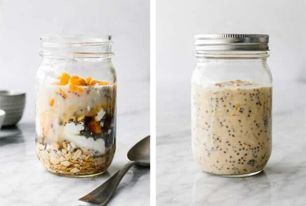 Mixing orange creamsicle overnight oats in a jar