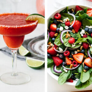 July 4th recipes with berry spinach salad and strawberry margarita