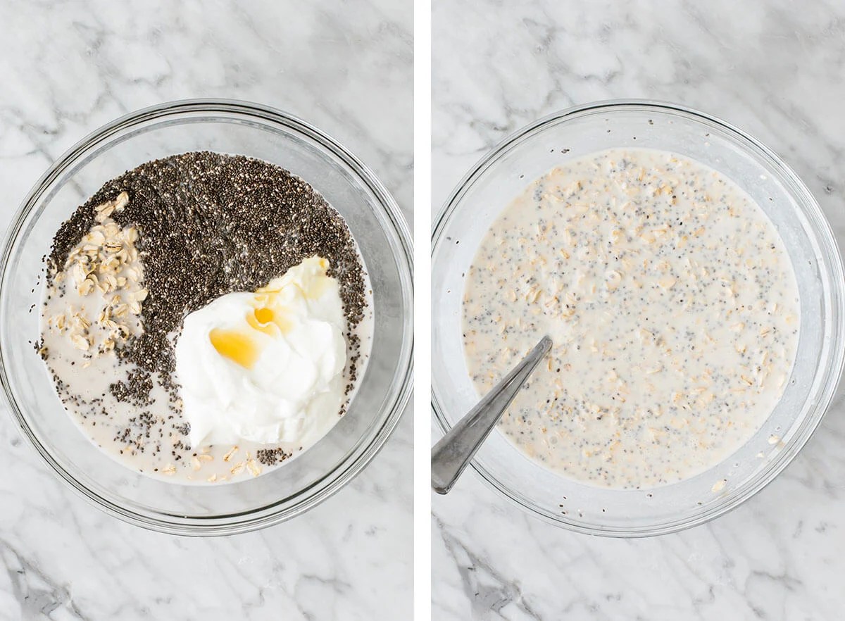Mixing overnight oats ingredients in a bowl.