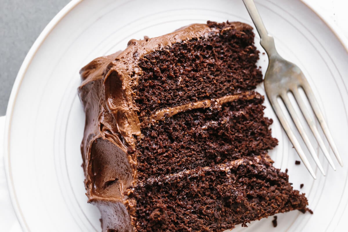 A slice of paleo chocolate cake on a plate with fork.