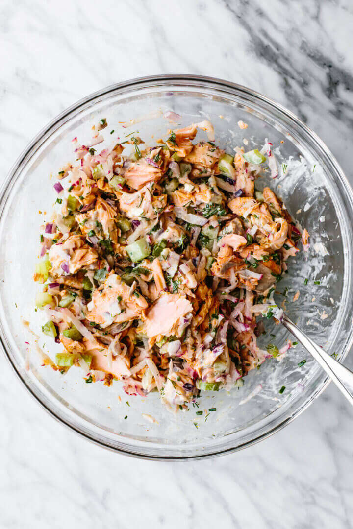 Mixed salmon salad in a large bowl