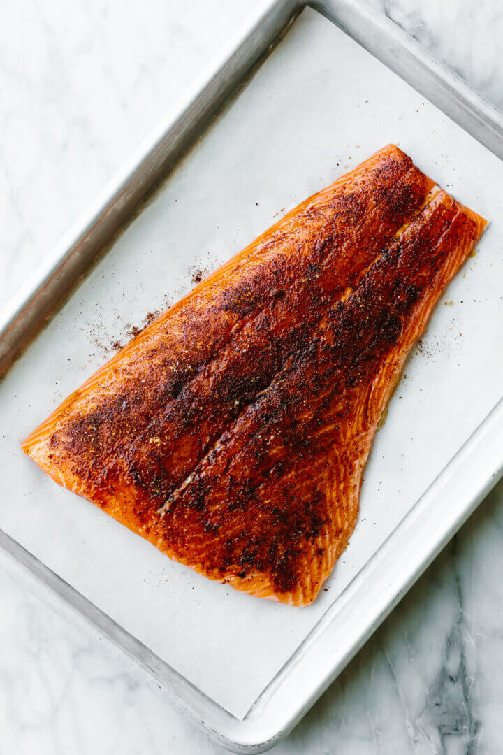 Spiced salmon on a sheet pan for salmon salad