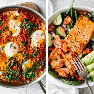 Whole30 shakshuka and salmon salad for lunch.